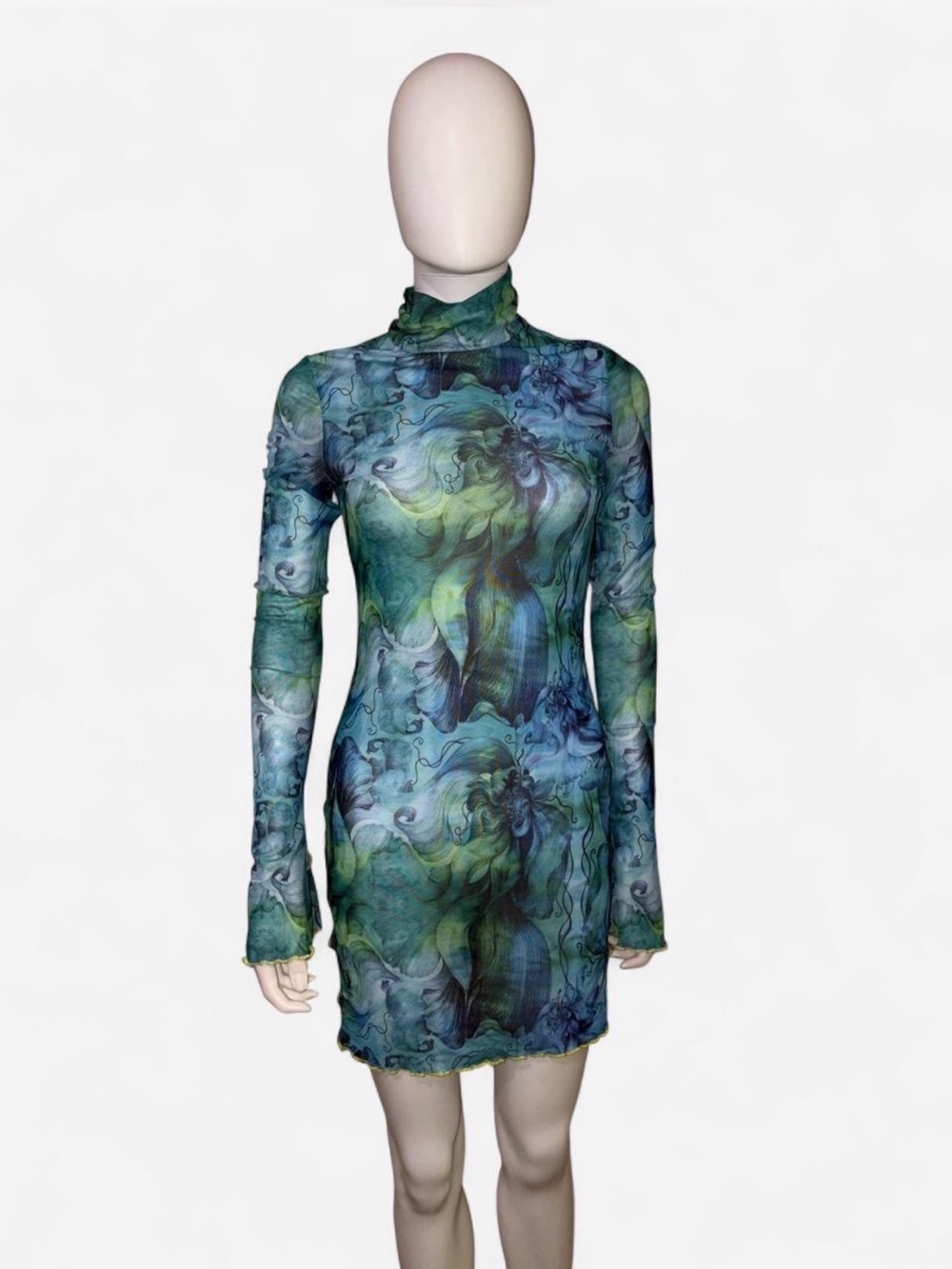 Fairy core Swirl Mesh Long-Sleeve Mini Dress